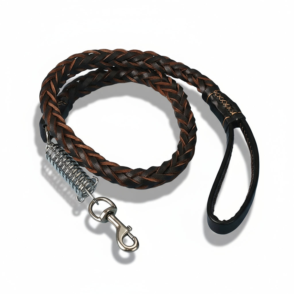 Läderkoppel till hund - Hundkoppel Rundsytt Läder med anti-ryck fjäder