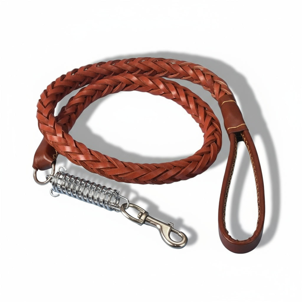 Läderkoppel till hund - Hundkoppel Rundsytt Läder med anti-ryck fjäder